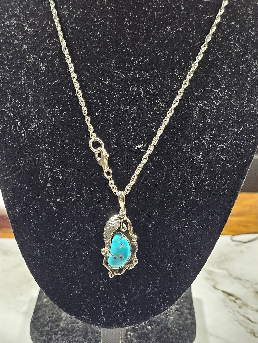 Vintage Sterling Turquoise Squash Blossom Pendant on sterling chain